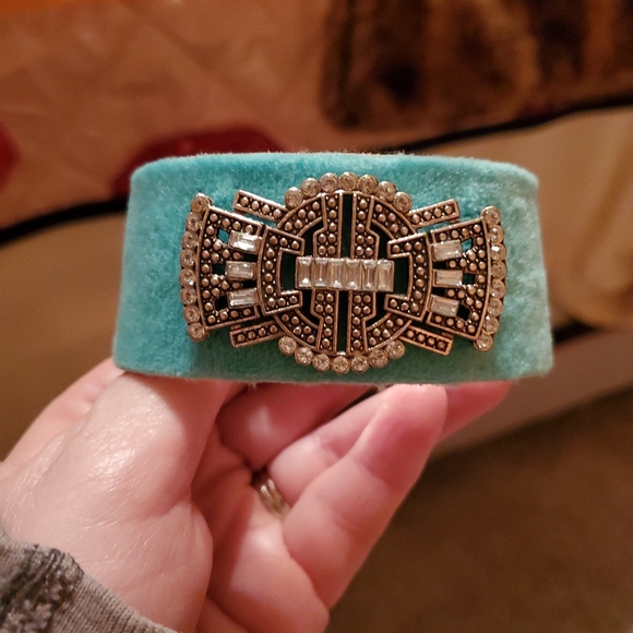 Plunder Design Jewelry - Plunder Charlyn Teal Velvet Cuff Bracelet Crystal Pendant Magnetic Closure